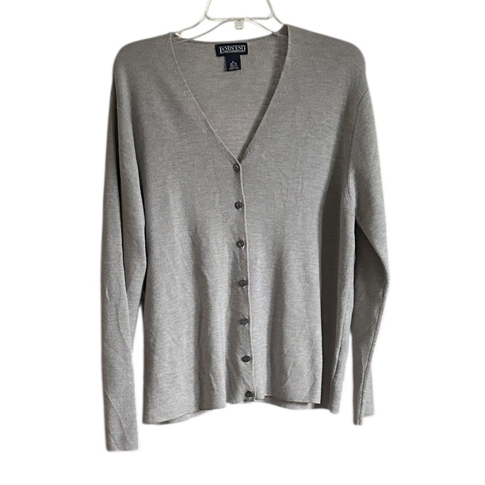 Vintage Lands End Womens Gray 100% Wool V-Neck Button Front Cardigan Sweater XL